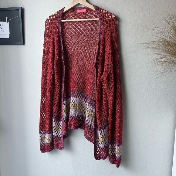 Rose Carmine Metallic Red Crochet Knit Colorblock Open Cardigan Sweater One Size - Picture 2 of 8